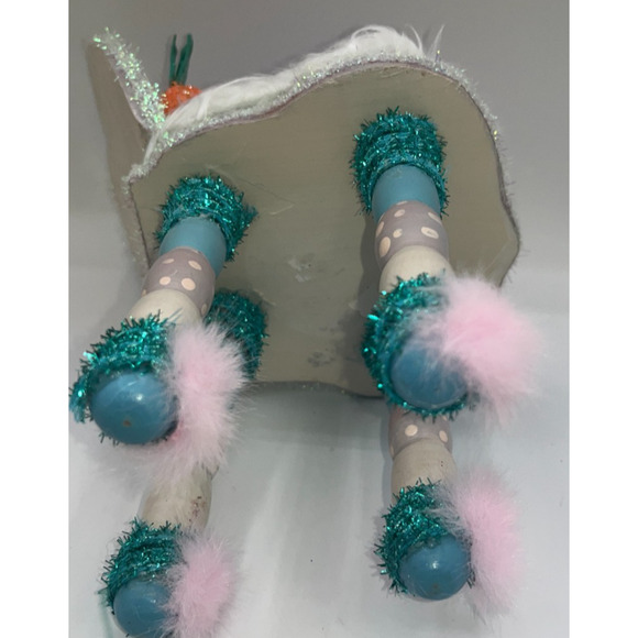 Vintage Wooden Easter Bunny Chair Faux Fur Blue Bunny Egg Balloons Deb O. OOAK - Picture 15 of 16